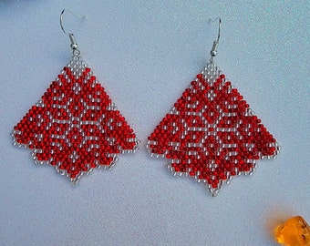 Elegant, Red and Crystal Fan shaped snowflake pattern, handmade, beaded dangle earrings for pierced ears by Be Dazzled Earrings.