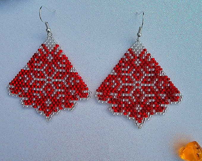 Elegant, Red and Crystal Fan shaped snowflake pattern, handmade, beaded dangle earrings for pierced ears by Be Dazzled Earrings.