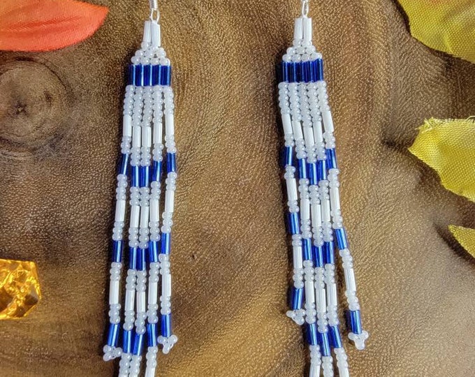 Nautical colored, Hand Beaded, Blue and White, 5 strand, 4.5 " multi-length, dangle earrings for pierced ears are perfect with blue jeans.