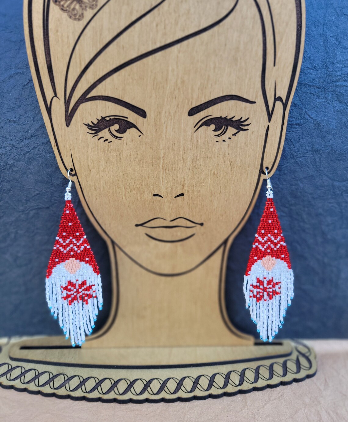 Christmas Earrings, Handmade, Beaded, Red and White Gnome, Fun Dangle