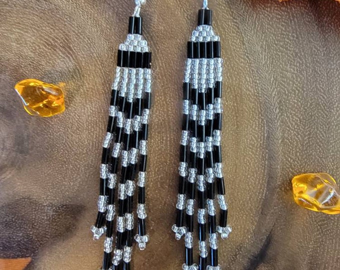 Elegant, Sparkling, Black and Crystal, handmade, beaded, 4" long, 5 strand medium length, fringed,  dangle earrings for pierced ears.