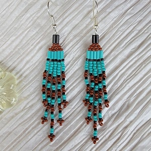 Handmade, Beaded, Short, 5 strand fringed earrings in your choice of Turquoise and Brown, Orange, Pink, White, Black, Green, Yellow accent