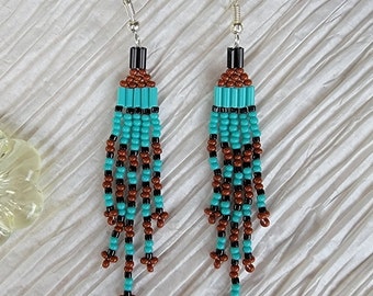 Handmade, Beaded, Short, 5 strand fringed earrings in your choice of Turquoise and Brown, Orange, Pink, White, Black, Green, Yellow accent