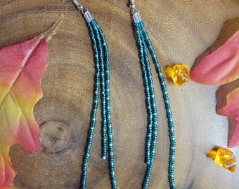 Elegant, Teal and Silver, handmade beaded, 6" long, multi-length, 3 strand, long dangle earrings by Be Dazzled Earrings.