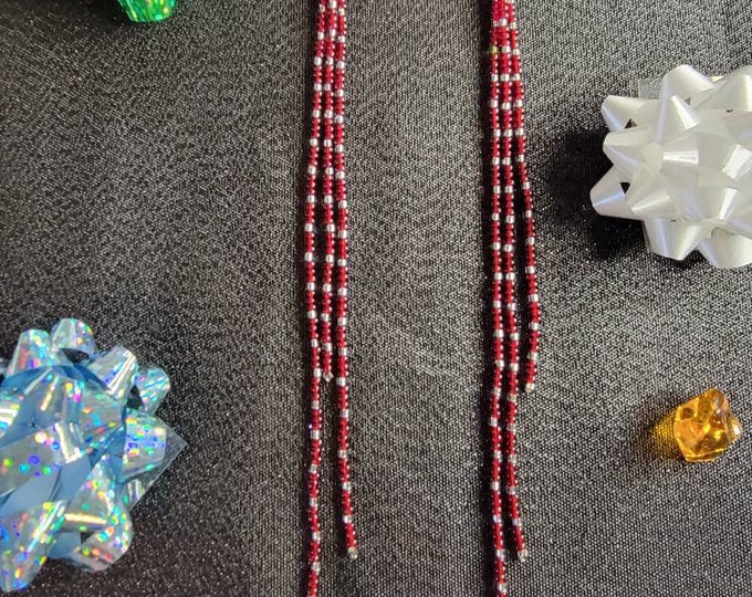Beautiful, Long, Garnett and Silver, 3 strand, 6" long multi-length, handmade, beaded, dangle earrings by Bedazzled Earrings, Designs By R