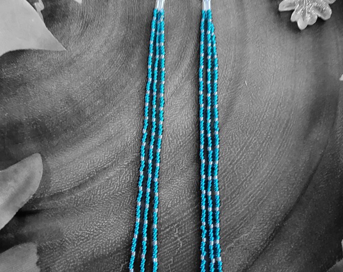 Stunning, 5" long Turquoise and Silver, 3 same size strands, handmade, beaded earrings. Perfect for any evening out, By Be Dazzled Earrings