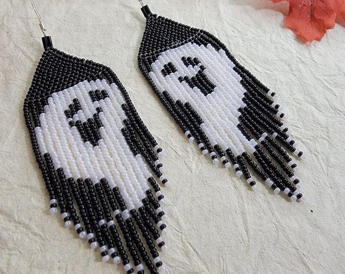 Fun, Handmade, Beaded, Black and White, long fringed Halloween Ghost Earrings perfect for any Halloween party.