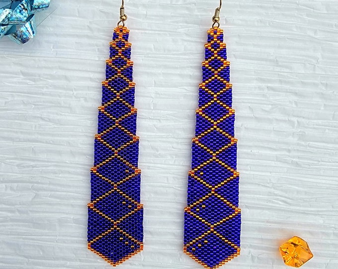 Long, elegant, handmade, beaded, Orange and Purple or Black and Silver 4.75" long, Holiday dangle earrings by Be Dazzled Earrings.