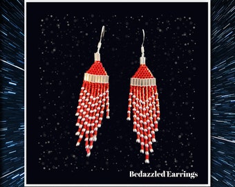 Sparkle in these petite elegant handmade beaded Red and Silver 3" long, multi-stranded fringe with a 2.5" dangle by  Be Dazzled Earrings
