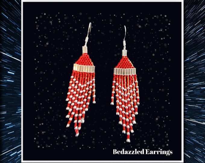 Sparkle in these petite elegant handmade beaded Red and Silver 3" long, multi-stranded fringe with a 2.5" dangle by  Be Dazzled Earrings