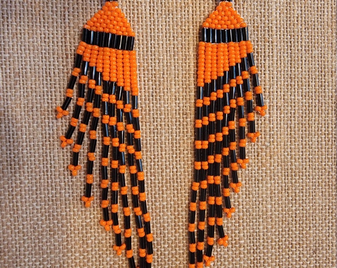 5"  Long, Handmade, beaded, multi-length, fringed wing shaped, Orange and Black, OSU colored, beaded  fringe earrings for pierced ears.