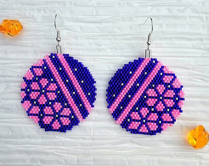 Sparkling, handmade beaded, Purple and Pink, round flowered holiday dangle earrings for pierced ears, perfect for all your Holiday outing's.