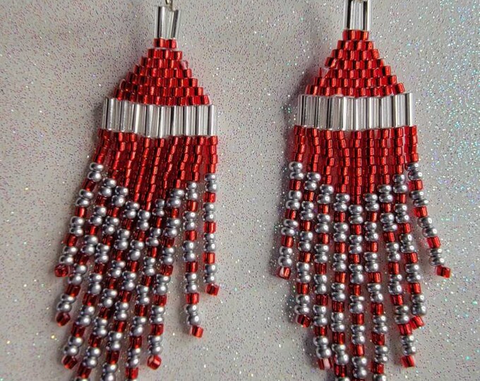 Look Dazzling in these Elegant, Sparkling, Short 3" long fringed, Red and Silver dangle earrings by Be Dazzled Earrings Designs by Ruby
