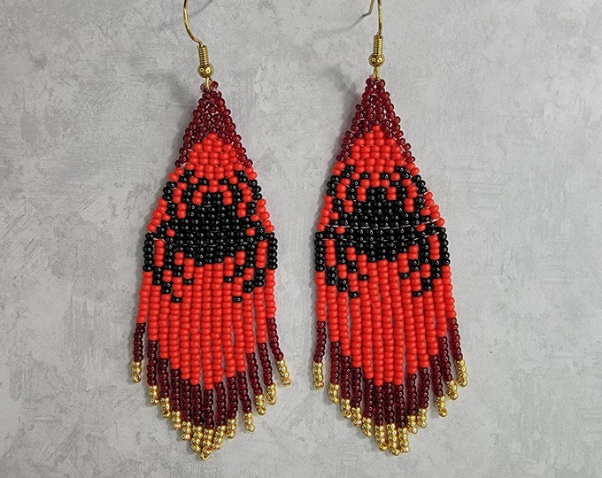 Spooky, Red, Black and Gold, Halloween spider long fringed earrings for pierced ears by Be Dazzled Earrings, perfect Halloween accessory