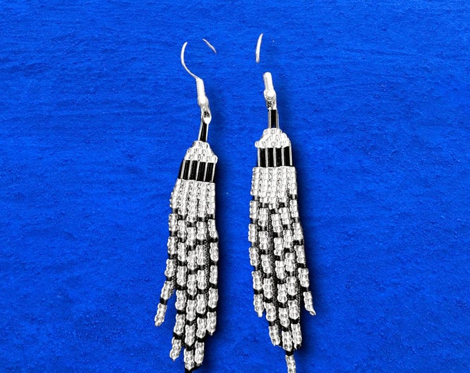 Elegant, Crystal and Black, handmade, beaded, 5 strand, short fringed earrings for pierced earrings. Perfect for any day or night out.