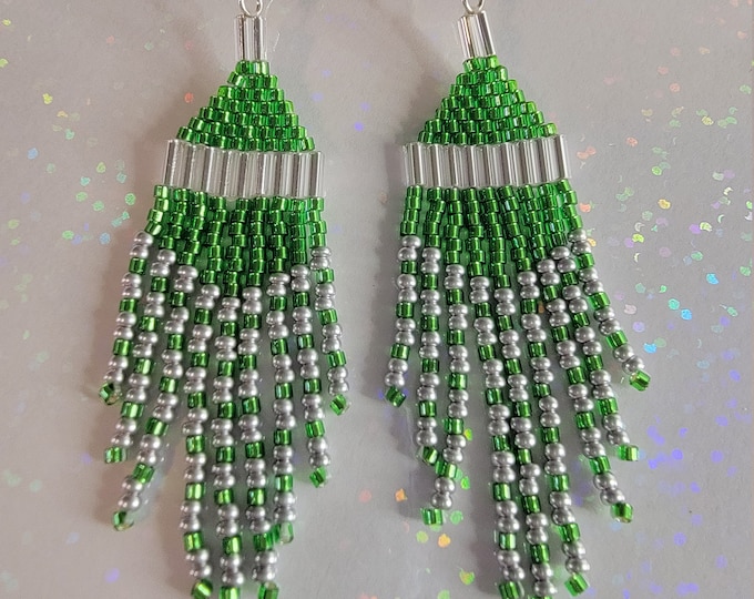 Shimmer and Sparkle with Elegance in these Dazzling, Green and Silver, handmade, beaded, multistrand, 3" long fringed, datenight earrings.