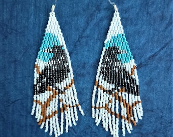 Fun, White, Blue and Black, long fringed, handmade beaded Raven dangle earrings by Be Dazzled Earrings