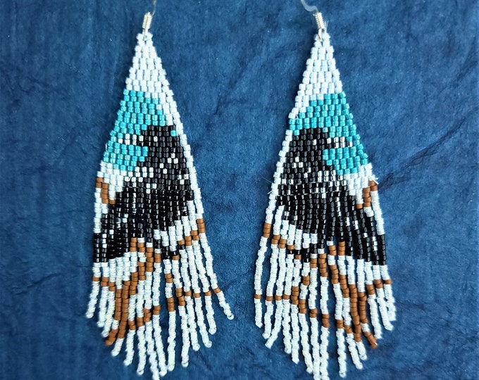 Fun, White, Blue and Black, long fringed, handmade beaded Raven dangle earrings by Be Dazzled Earrings