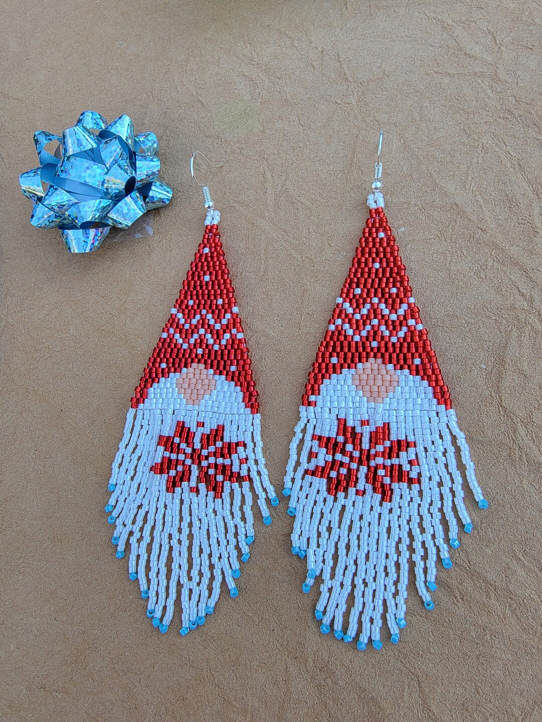 Christmas Earrings, Handmade, Beaded, Red and White Gnome, Fun Dangle