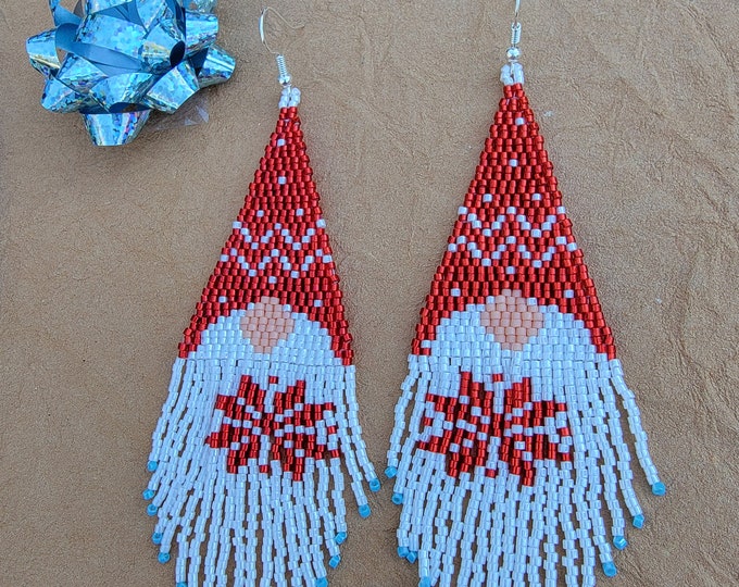 Christmas earrings, handmade, beaded, Red and White Gnome, fun dangle earrings by Be Dazzled Earrings perfect for any Holiday outing.