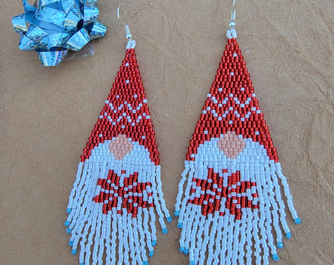 Christmas earrings, handmade, beaded, Red and White Gnome, fun dangle earrings by Be Dazzled Earrings perfect for any Holiday outing.