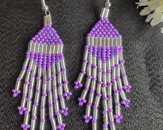 Springy, Bright, Fun, Short 3.25" Fringed, Handmade, Beaded, Purple and Silver Lined, Crystal colored, Dangle Earrings for Pierced Ears.