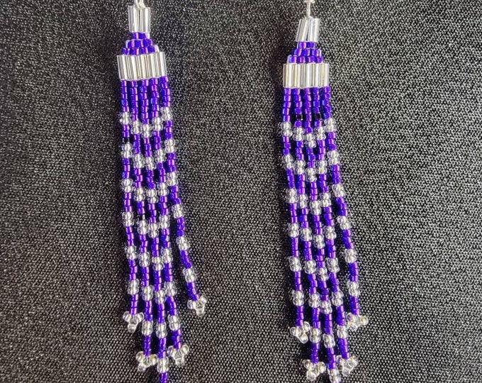 Sparkling, Petite, Purple and Crystal, Handmade, 3.5" long, beaded, fringed, nickle free, earrings for pierced ears, Perfect for Springtime.