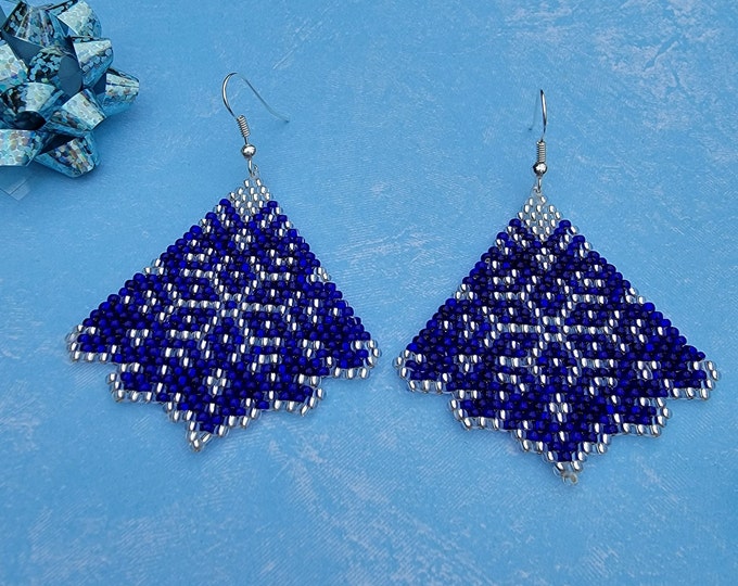 Sparkling, fan shaped, lacey looking, handmade, beaded, Bright Blue and Crystal snowflake, dangle holiday earrings by Be Dazzled Earrings.