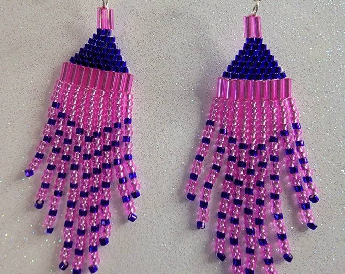 Short fringed, Pink and Purple, handmade, beaded, short 3.5"  long, dangle earrings, the colors are perfect for all your Springtime events.