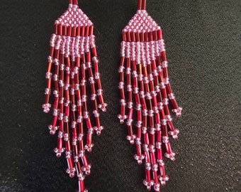 Elegant, sparkling, Red and Pink, 4" long, multistrand fringed, handmade, beaded, dangle earrings for pierced ears, available in 2 lengths.