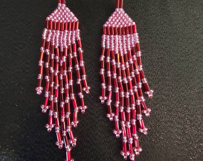 Elegant, sparkling, Red and Pink, 4" long, multistrand fringed, handmade, beaded, dangle earrings for pierced ears, available in 2 lengths.