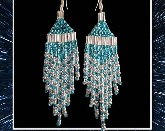 Aqua Blue and Silver earrings. Stunning, Petite 3.5" long, 9 strand, multi-length, fringed, handmade, beaded by Be Dazzled Earrings