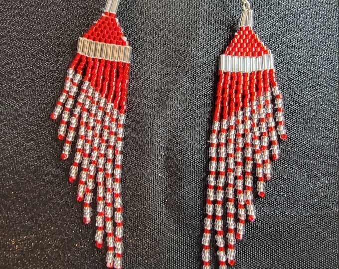 Beautiful, Elegant, handmade, beaded, Red and Crystal colored, 4" long multi-length fringed, wing shaped dangle earrings for pierced ears