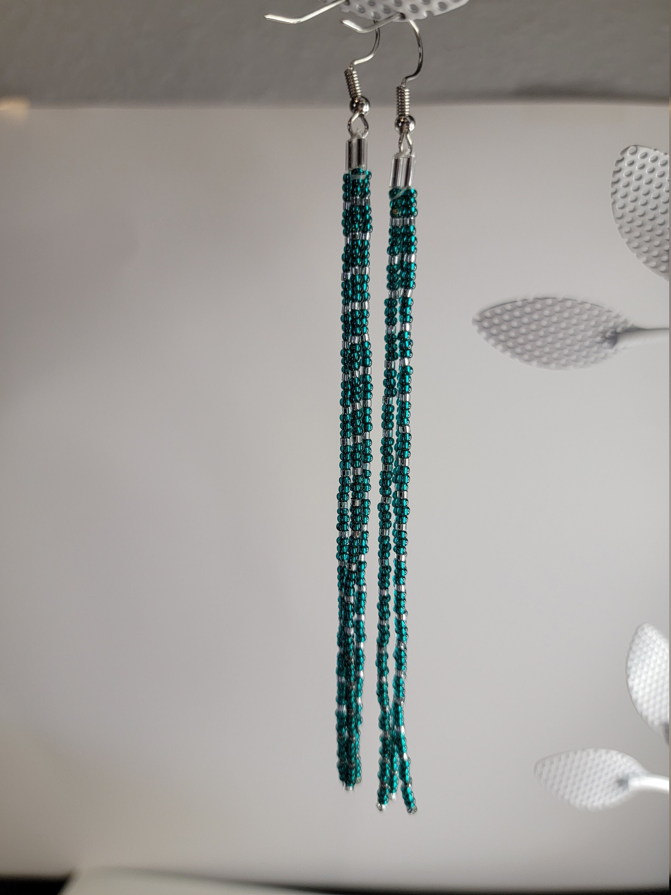 Stunning 5 long Turquoise and Silver 3 same size strands handmade beaded earrings. Perfect for any evening out By Be Dazzled Earrings