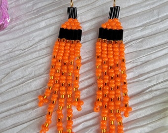 Stunning handmade, beaded, 5 strand, medium length fringe, dangle pierced earrings in your choice of Gold and Black or Orange and Gold