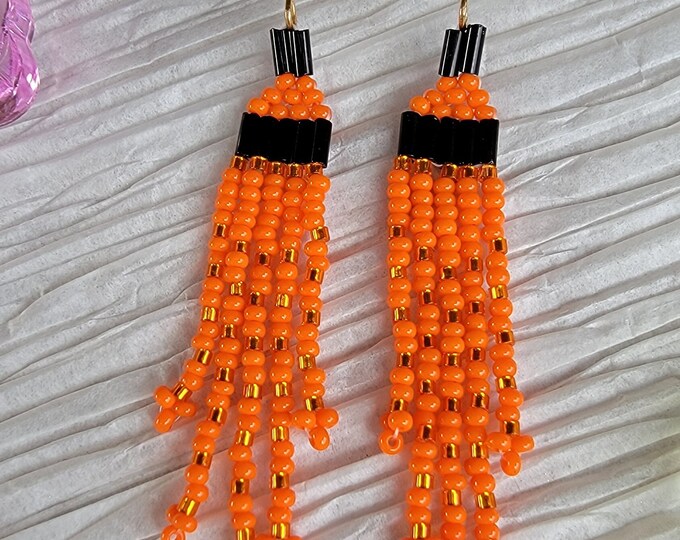 Stunning handmade, beaded, 5 strand, medium length fringe, dangle pierced earrings in your choice of Gold and Black or Orange and Gold
