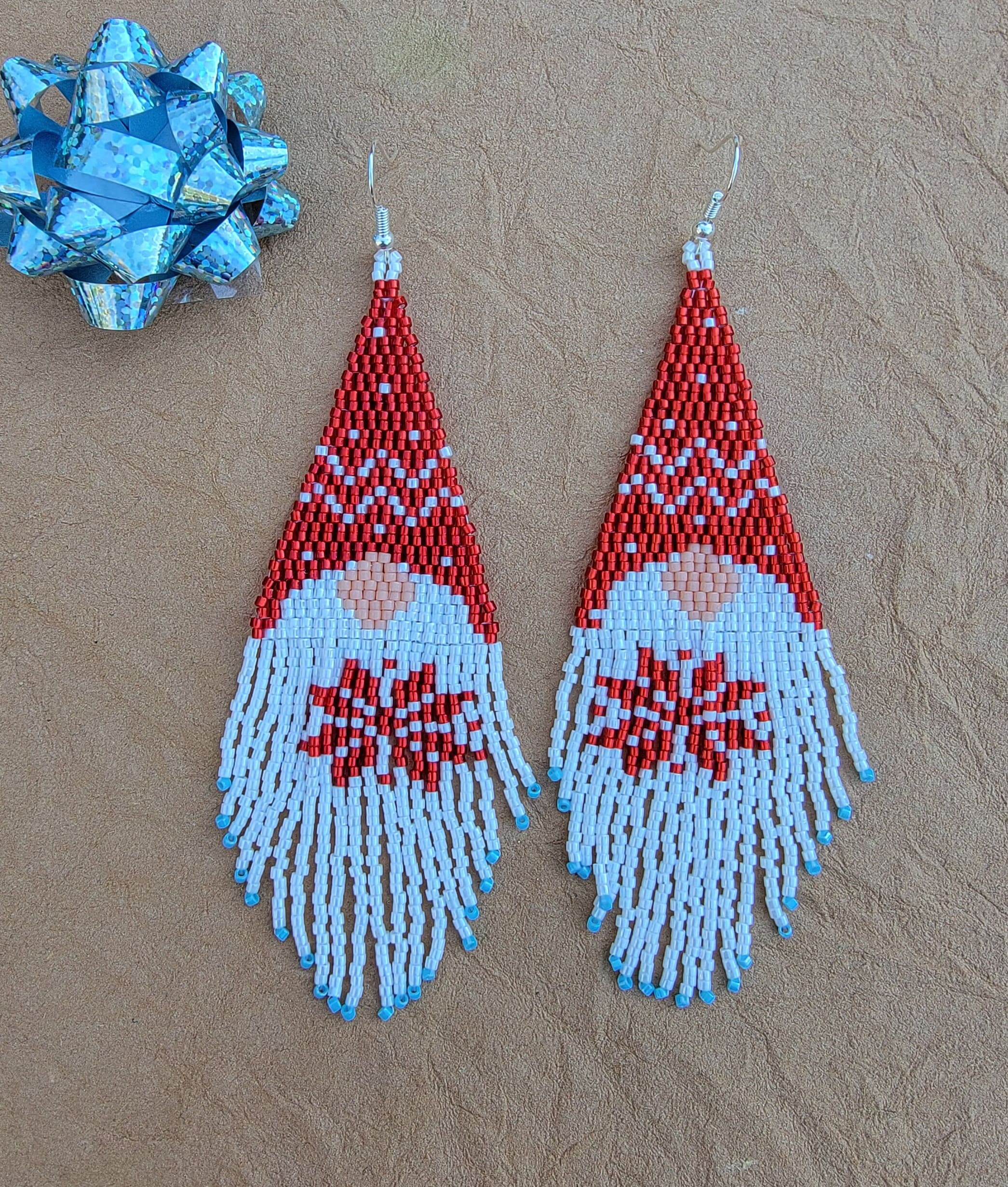 Christmas earrings handmade beaded Red and White Gnome fun