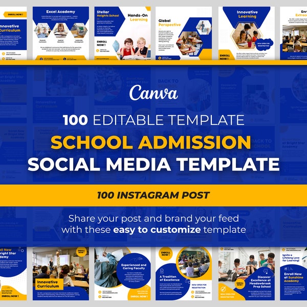 100 School Education Admission Social Media Template for Canva Instagram Learning for Kids and Marketing Plan Post Social Medium Bundle