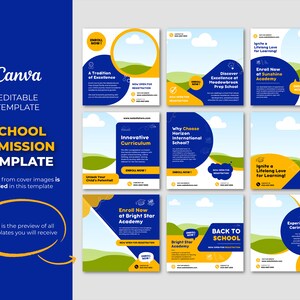 May include: A set of nine colorful social media templates for school admissions. The templates feature a blue and yellow color scheme with illustrations of clouds, a graduation cap, and a school building. The text on the templates includes phrases like "Enroll Now", "A Tradition of Excellence", "Innovative Curriculum", "Why Choose Horizon International School?", "Discover Excellence at Meadowbrook Prep School", "Enroll Now at Sunshine Academy", "Ignite a Lifelong Love for Learning!" and "Back to School".