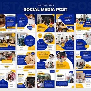 May include: A collection of 20 social media post templates for schools. The templates feature a blue and yellow color scheme with images of students in classrooms. The text on the templates includes phrases like "Innovative Curriculum", "Enroll Now", and "Back to School".