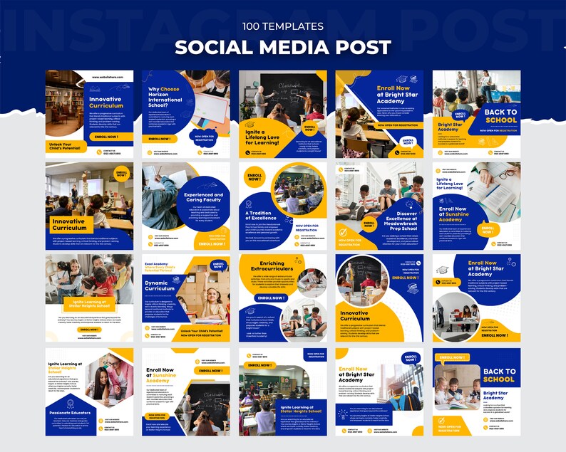 May include: A collection of 20 social media post templates for schools. The templates feature a blue and yellow color scheme with images of students in classrooms. The text on the templates includes phrases like "Innovative Curriculum", "Enroll Now", and "Back to School".