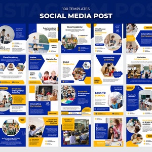 May include: A collection of 16 social media post templates for schools. The templates feature a blue and yellow color scheme with images of children in classrooms. The text on the templates includes phrases like "Excel Academy", "Innovative Learning", "Enriching Experiences", and "Back to School".