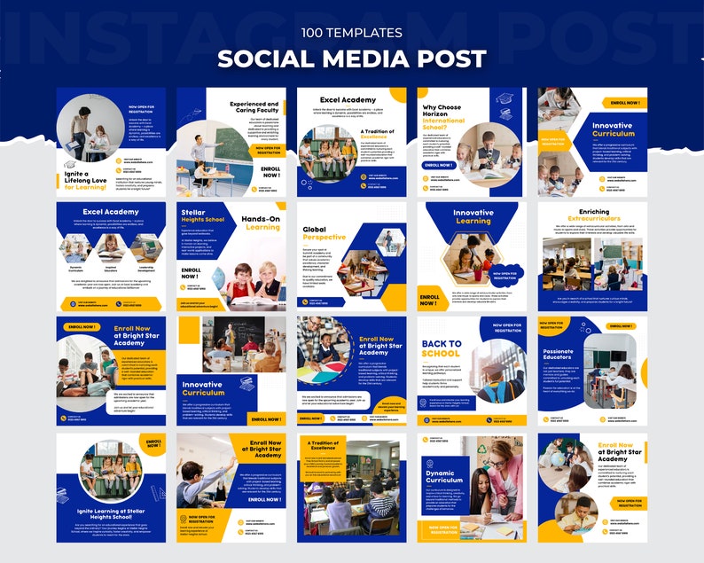 May include: A collection of 16 social media post templates for schools. The templates feature a blue and yellow color scheme with images of children in classrooms. The text on the templates includes phrases like "Excel Academy", "Innovative Learning", "Enriching Experiences", and "Back to School".