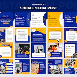 May include: A collection of 16 blue and yellow social media post templates for education. The templates feature text such as "Did You Know?" and "Enhance Your Learning Experience".