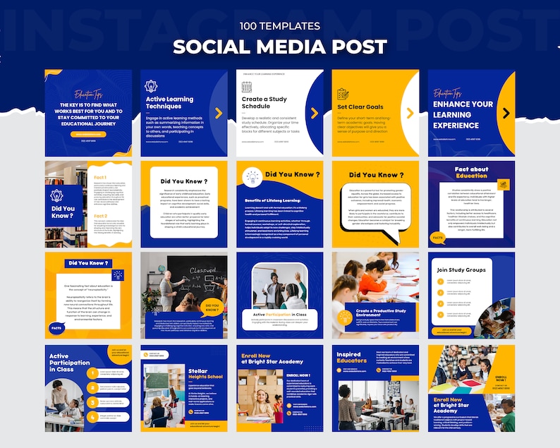 May include: A collection of 16 blue and yellow social media post templates for education. The templates feature text such as "Did You Know?" and "Enhance Your Learning Experience".