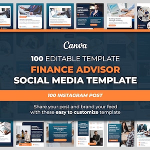 Puede incluir: Una colección de 100 plantillas de publicaciones en redes sociales personalizables para asesores financieros. Las plantillas presentan una combinación de colores azul y naranja e incluyen texto como "Construir riqueza a través de la inversión" y "La libertad financiera comienza con el seguro de salud".