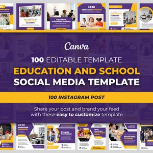 May include: A collection of 100 editable social media templates for education and school. The templates feature a purple and yellow color scheme with images of students in classrooms. The text "100 Editable Template Education and School Social Media Template" is displayed in a large font at the top of the image. The text "100 Instagram Post" is displayed in a smaller font below the main text. The text "Share your post and brand your feed with these easy to customize template" is displayed in a smaller font at the bottom of the image.