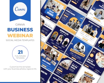 Könnte beinhalten: Eine Sammlung von 21 Social-Media-Vorlagen für Business-Webinare. Die Vorlagen haben ein blaues und gelbes Farbschema mit Bildern von Personen, die an Webinaren teilnehmen. Der Text "CANVA BUSINESS WEBINAR" ist auf dem Titelbild zu sehen.