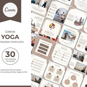 May include: A set of 30 customizable Instagram templates for yoga studios and instructors. The templates feature a light brown and white color scheme with a mandala design. The text on the templates includes "Canva Yoga Instagram Templates", "Yoga Class This Week", "Balance Your Life", "Healthy Food", "Yoga Benefits", "Fun Facts", "Would you rather", "Join Our Yoga", "Step 1", "Step 2", "Find Your Flow", and "Yoga Movement".