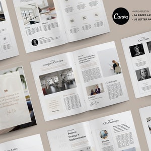 Op de afbeelding: Een witte en beige brochure met een minimalistisch ontwerp. De brochure bevat een bedrijfs overzicht, een bedrijfsstrategie en implementatie, CEO-berichten en een teampagina. De brochure is beschikbaar in A4- en US Letter-formaten.